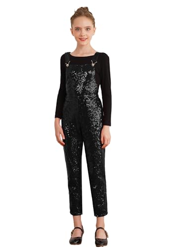 Agoky Mädchen Pailletten Hose mit Hosenträger Latzhose Lang Festlich Overall Jumpsuit Hosenanzug Regular Fit Anzughose Disco Tanz Outfits Schwarz 122-128 von Agoky