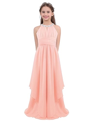 Agoky Mädchen Pailletten Partykleid Neckholder Abendkleid Maxikleid Festlich Hochzeit Brautjungfern Kleid Unregelmäßig Sommerkleid Blumenmädchenkleid Hell-Pink 128 von Agoky