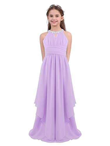 Agoky Mädchen Pailletten Partykleid Neckholder Abendkleid Maxikleid Festlich Hochzeit Brautjungfern Kleid Unregelmäßig Sommerkleid Blumenmädchenkleid Lavender 176 von Agoky