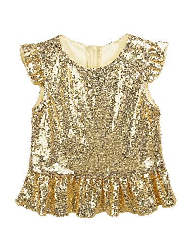 Agoky Mädchen Pailletten Shirts mit Kurze Flügelärmel Meerjungfrau Prinzessin Cosplay Verkleidung Halloween Festzug Weihnachten Kleidung Gold 122-128 von Agoky