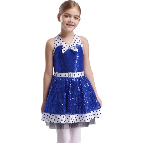 Agoky Mädchen Pailletten Tanzkleid Neckholder Ballettkleid mit Punkte Saum Tutu Eiskunstlauf Kleider Festlich Kinder Tanzkostüm Blau 122-128/7-8 Jahre von Agoky
