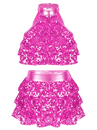 Agoky Mädchen Pailletten Zweiteiler Tanzkleider Neckholder Crop Top und Tutu Rock Jazz Latein Bauchtanz Kostüm Hot Pink 134-140 von Agoky