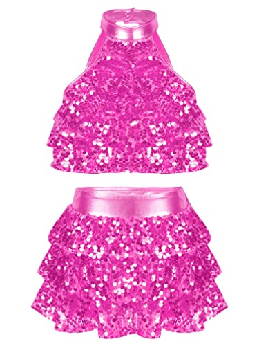 Agoky Mädchen Pailletten Zweiteiler Tanzkleider Neckholder Crop Top und Tutu Rock Jazz Latein Bauchtanz Kostüm Hot Pink 146-152 von Agoky