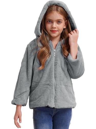 Agoky Mädchen Plüsch Mantel Flauschige Jacke mit Reisverschluss Kapuzen Übergangsjacke Warm Herbt Winter Jacket Eule Outwear Grau 122-128 von Agoky