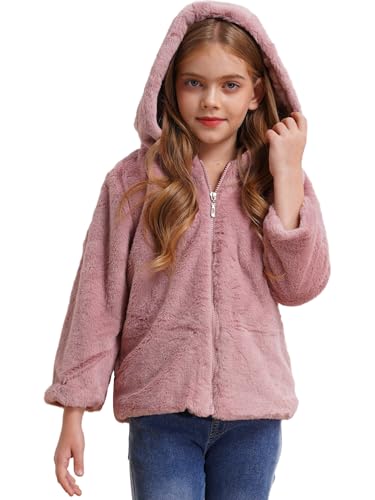 Agoky Mädchen Plüsch Mantel Flauschige Jacke mit Reisverschluss Kapuzen Übergangsjacke Warm Herbt Winter Jacket Eule Outwear Rosa 122-128 von Agoky