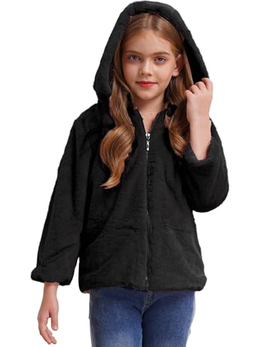Agoky Mädchen Plüsch Mantel Flauschige Jacke mit Reisverschluss Kapuzen Übergangsjacke Warm Herbt Winter Jacket Eule Outwear Schwarz 158-164 von Agoky