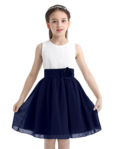 Agoky Mädchen Prinzessin Kleid Blumenmädchenkleid Taufkleid Festlich Kleid Hochzeit Partykleid Festzug Babybekleidung gr. 98-176 Weiß&Navy 170 von Agoky