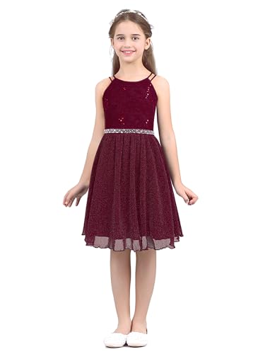 Agoky Mädchen Prinzessin Kleider Festlich ärmellos Pailletten Spitzen Top mit Glitzer Faltenrock Kinder Partykleid A-Linie Kinder Kommunion Hochzeit Burgundy 128-134 von Agoky