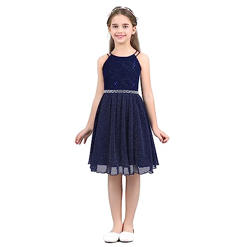 Agoky Mädchen Prinzessin Kleider Festlich ärmellos Pailletten Spitzen Top mit Glitzer Faltenrock Kinder Partykleid A-Linie Kinder Kommunion Hochzeit Marineblau 116-122 von Agoky