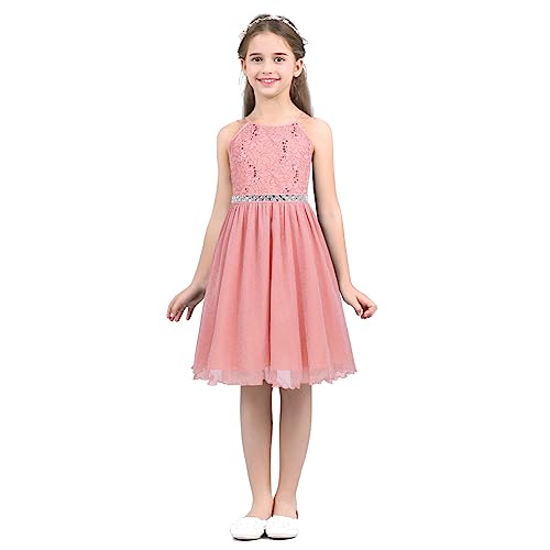 Agoky Mädchen Prinzessin Kleider Festlich ärmellos Pailletten Spitzen Top mit Glitzer Faltenrock Kinder Partykleid A-Linie Kinder Kommunion Hochzeit Perlen Rosa 128-134 von Agoky