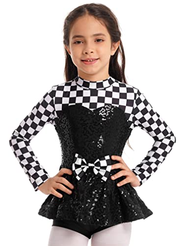 Agoky Mädchen Rennfahrer Kostüm Langarm Pailletten Ballettkleid Tanzkleid mit Tutu Rock Sportlerin Bühne Outfits Schwarz 110-116 von Agoky