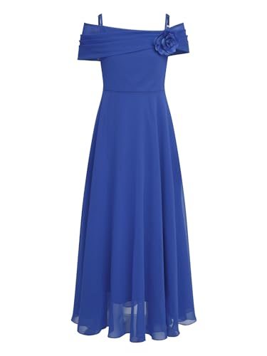 Agoky Mädchen Schulterfrei Kleid Festlich Chiffon Trägerkleid mit Blumen Sommerkleid Blumenmädchenkleid Brautjungfern Hochzeits Geburtstag Festzug Outfits Blau 158-164 von Agoky