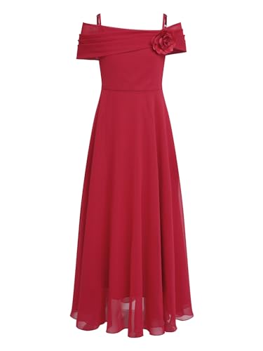 Agoky Mädchen Schulterfrei Kleid Festlich Chiffon Trägerkleid mit Blumen Sommerkleid Blumenmädchenkleid Brautjungfern Hochzeits Geburtstag Festzug Outfits Burgundy 134-140 von Agoky