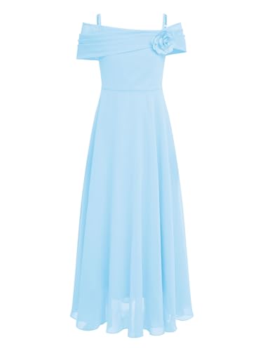 Agoky Mädchen Schulterfrei Kleid Festlich Chiffon Trägerkleid mit Blumen Sommerkleid Blumenmädchenkleid Brautjungfern Hochzeits Geburtstag Festzug Outfits Hellblau 146-152 von Agoky