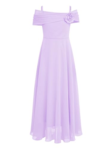 Agoky Mädchen Schulterfrei Kleid Festlich Chiffon Trägerkleid mit Blumen Sommerkleid Blumenmädchenkleid Brautjungfern Hochzeits Geburtstag Festzug Outfits Lavendel 134-140 von Agoky