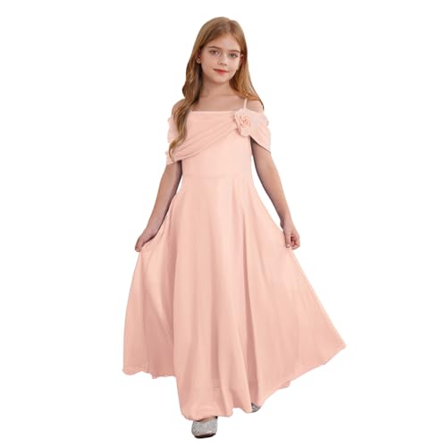 Agoky Mädchen Schulterfrei Kleid Festlich Chiffon Trägerkleid mit Blumen Sommerkleid Blumenmädchenkleid Brautjungfern Hochzeits Geburtstag Festzug Outfits Rosa 134-140 von Agoky