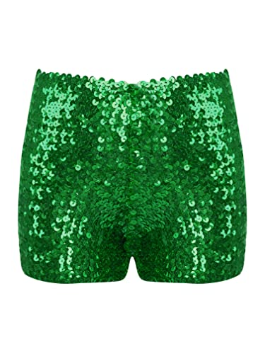 Agoky Mädchen Shorts Sommer Shiny Pailletten Hotpants Metallic Glitzer Yoga Sporthose Einfarbige Sommerhosen Rüschen Kurz Hosen Grün C 152-176 von Agoky