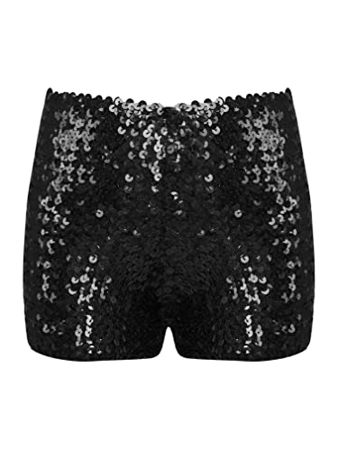 Agoky Mädchen Shorts Sommer Shiny Pailletten Hotpants Metallic Glitzer Yoga Sporthose Einfarbige Sommerhosen Rüschen Kurz Hosen Schwarz C 152-176 von Agoky