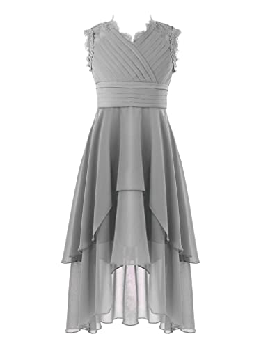 Agoky Mädchen Sommer Chiffon Spitzen Kleid Festlich Partykleid Ärmellos Brautjungfernkleid vorne kurz hinten Lang Rock Hochzeitskleid Grau J 134-140 von Agoky