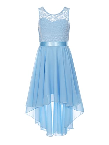 Agoky Mädchen Festliches Kleid für Hochzeit Sommer Unregelmäßig Partykleid Spitzenkleid mit Plisseerock Kommunionskleid Hell Blau 122-128 von Agoky