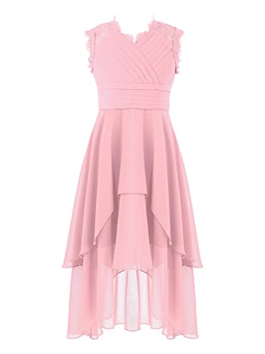 Agoky Mädchen Sommer Chiffon Spitzen Kleid Festlich Partykleid Ärmellos Brautjungfernkleid vorne kurz hinten Lang Rock Hochzeitskleid Rosa J 146-152 von Agoky