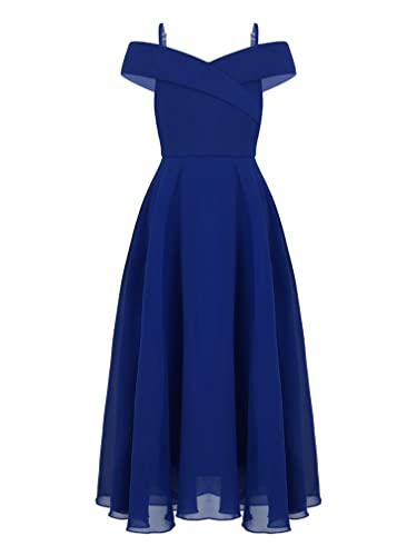 Agoky Mädchen Sommer Kleid Schulterfreies Partykleid mit Rüschen Hohe Taille Kommunionkleid Midi Taufkleid lang Hochzeits Brautjungfernkleid Royal Blau C 164 von Agoky