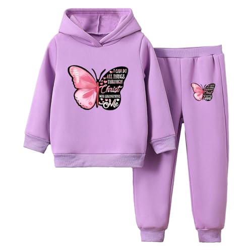 Agoky Mädchen Sport Kleidung Set Schmetterling Hoodie Hoody mit Loose Fit Jogger Jogging Hose Elastischer Bund Sweatpants Frühling Herbst Outfits Violett 134-140 von Agoky