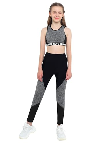 Agoky Mädchen Sportanzug Druck Trainingsanzug Crop Top Bauchfrei Ärmellos Shirt Lange Eng Hose Stretch Pants Freizeit Casual Streetwear Grau Schwarz G 158-164 von Agoky