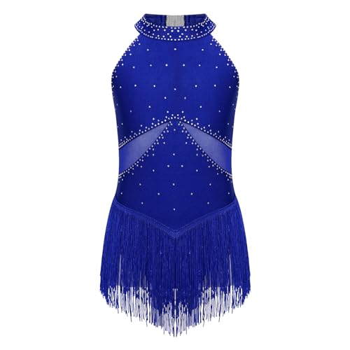 Agoky Mädchen Strass Leotard mit Fransen Mesh Patchwork Tanz Body Eiskunstlauf Kleider Latein Rock Dancewear Blau 146-152 von Agoky