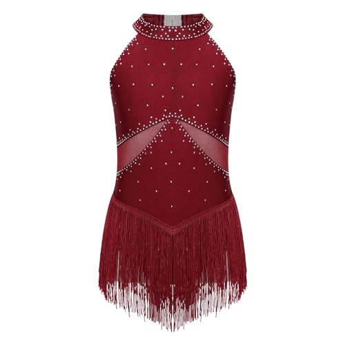 Agoky Mädchen Strass Leotard mit Fransen Mesh Patchwork Tanz Body Eiskunstlauf Kleider Latein Rock Dancewear Burgundy 122-128 von Agoky