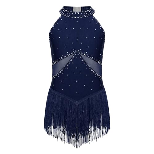 Agoky Mädchen Strass Leotard mit Fransen Mesh Patchwork Tanz Body Eiskunstlauf Kleider Latein Rock Dancewear Navy blau 122-128 von Agoky