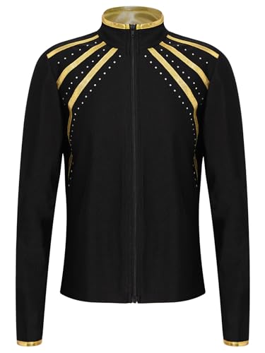 Agoky Mädchen Sweatjacke mit Reisverschluss Stehkragen Sportjacke Farbblock Trainingsjacke Strassstein Schneeflocken Kinderjacke für Gymnastik Turn Ballett Tanz Gold A 158-164 von Agoky