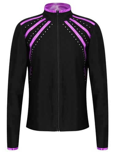 Agoky Mädchen Sweatjacke mit Reisverschluss Stehkragen Sportjacke Farbblock Trainingsjacke Strassstein Schneeflocken Kinderjacke für Gymnastik Turn Ballett Tanz Violett A 146-152 von Agoky