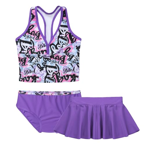 Agoky Mädchen Tankini Set mit Shorts und Rock 3 PCS Badeanzug Oberteile Tank Top Baderock Badeslip zum Schwimmen Schwimmanzug in Lila gr. 98-164 Alphabet Purple 158-164 von Agoky