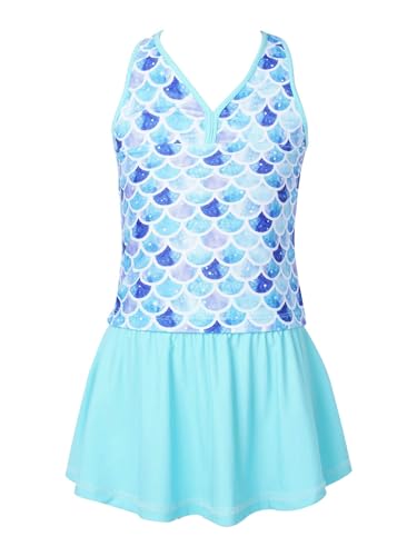 Agoky Mädchen Tankini Set mit Shorts und Rock 3 PCS Badeanzug Oberteile Tank Top Baderock Badeslip zum Schwimmen Schwimmanzug in Lila gr. 98-164 Blaue Fischschuppen 170-176 von Agoky