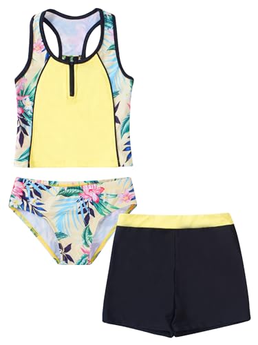 Agoky Mädchen Tankini Set mit Shorts und Rock 3 PCS Badeanzug Oberteile Tank Top Baderock Badeslip zum Schwimmen Schwimmanzug in Lila gr. 98-164 Gelb F 170-176 von Agoky