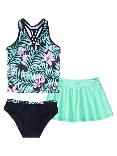 Agoky Mädchen Tankini Set mit Shorts und Rock 3 PCS Badeanzug Oberteile Tank Top Baderock Badeslip zum Schwimmen Schwimmanzug in Lila gr. 98-164 Sommerlilie Rosa B 158-164 von Agoky