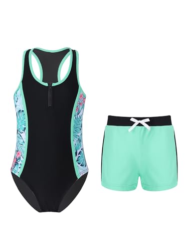 Agoky Mädchen Tankini Set mit Shorts und Rock 3 PCS Badeanzug Oberteile Tank Top Baderock Badeslip zum Schwimmen Schwimmanzug in Lila gr. 98-164 Tropische Palme 158-164 von Agoky