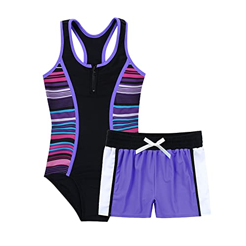 Agoky Mädchen Tankini Set mit Shorts und Rock 3 PCS Badeanzug Oberteile Tank Top Baderock Badeslip zum Schwimmen Schwimmanzug in Lila gr. 98-164 Violett C 146-152 von Agoky