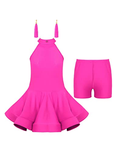 Agoky Mädchen Tanzkleid Latein amerikanische Tänze Flamingo Kostüm mit Ohrringe und Blumen Haarschmuck Sport Shorts Kleidung Set Hot Pink B 134-140 von Agoky