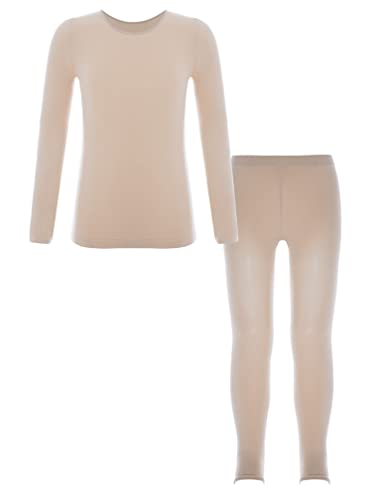 Agoky Mädchen Thermo Unterwäsche Set Langarm Shirt und Lange Unterhose Ballett Tanz Training Kleidung Zweiteiler Sport Outfits A Nude 146-152 von Agoky