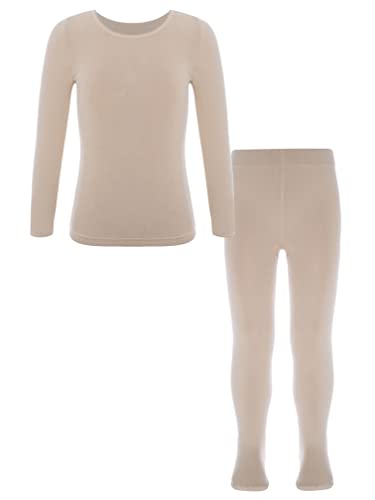 Agoky Mädchen Thermo Unterwäsche Set Langarm Shirt und Lange Unterhose Ballett Tanz Training Kleidung Zweiteiler Sport Outfits D Nude 134-140 von Agoky