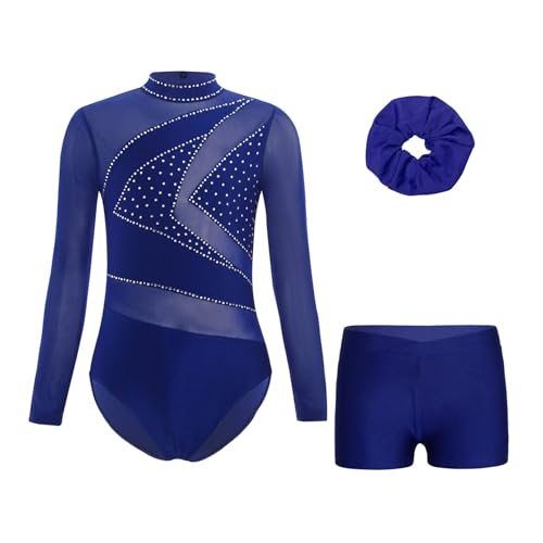 Agoky Mädchen Turnanzug Mesh Streifen Gymnastikanzug mit Glänzend Strass Langarm Body mit Kurze Hose Tanz Shorts Haargummi Eiskunstlauf Anzug Navy blau 134-140 von Agoky