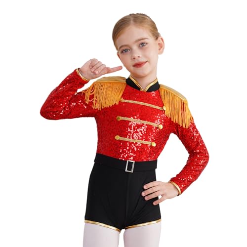 Agoky Mädchen Zirkus Kostüm Langarm Pailletten Leotard mit Fransen Schulterstücke Turnanzug Gymnastikanzug Ballett Tanz Eiskunstlauf Bekleidung Rot 122-128 von Agoky