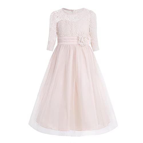 Agoky Mädchen festlich Kleid Langarm Prinzessin Kleid Hochzeits Festzug Kleid Blumenmaedchenkleid Kinder Spitze Rock Partykleid Kleidung gr. 98-170 Champagne K 134-140/9-10 Jahre von Agoky