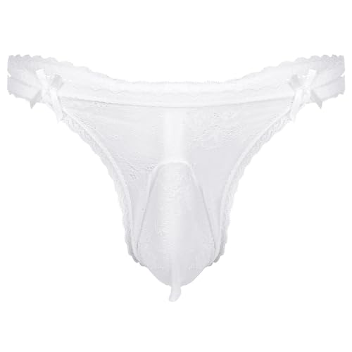 Agoky Männer Spitzen Unterwäsche Sissy Herren Spitze Slips G-Strings Tanga Erotik Dessous Unterhose Briefs Mit Blumenmuster Sexy Kostüm Nachtwäsche Weiß C XL von Agoky