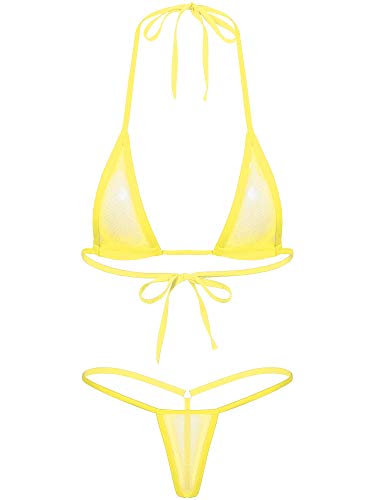 Agoky Transparent Mesh Bikini Set zum binden extrem See-Through Swimsuit Neckholder Bikini Oberteil BH Bra Micro Thong Sexy Badeanzug Bademode Gelb Einheitsgröße von Agoky