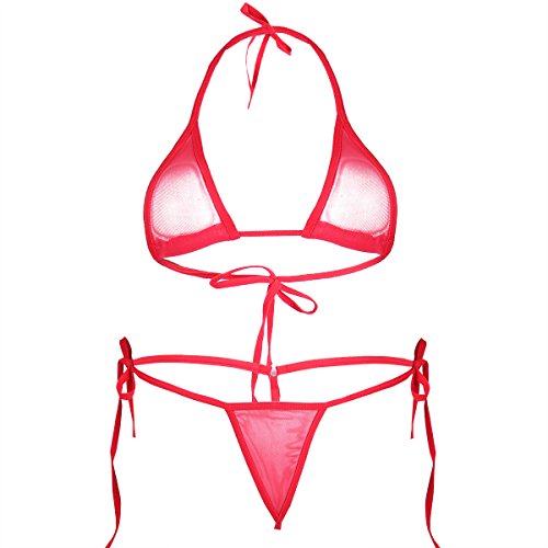 Agoky Transparent Mesh Bikini Set zum binden extrem See-Through Swimsuit Neckholder Bikini Oberteil BH Bra Micro Thong Sexy Badeanzug Bademode Rot A Einheitsgröße von Agoky