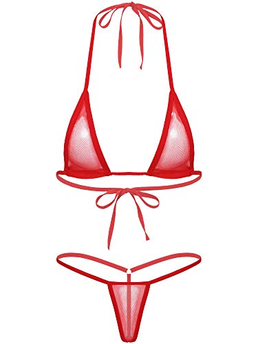 Agoky Transparent Mesh Bikini Set zum binden extrem See-Through Swimsuit Neckholder Bikini Oberteil BH Bra Micro Thong Sexy Badeanzug Bademode Rot B Einheitsgröße von Agoky