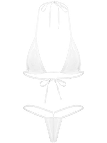 Agoky Transparent Mesh Bikini Set zum binden extrem See-Through Swimsuit Neckholder Bikini Oberteil BH Bra Micro Thong Sexy Badeanzug Bademode Weiß B Einheitsgröße von Agoky